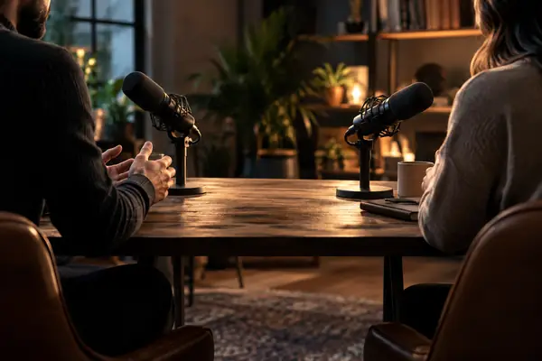 Zwei Mikrofone stehen sich an einem ruhigen Interviewtisch gegenüber.