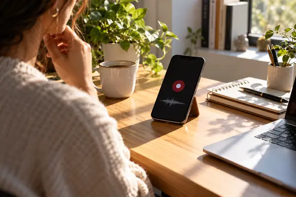 Ein Smartphone nimmt ein Sprachmemo auf einem aufgeräumten, sonnigen Schreibtisch auf.